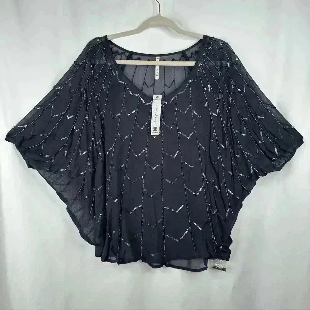 NWT Willow & Clay NORDSTROM Sequin Beaded Sheer Top Dolman Sleeve Blouse Size M